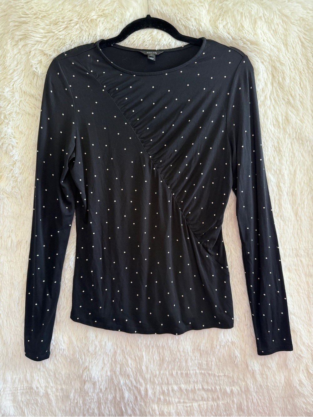 RW&CO Womens Polka Dot Long Sleeve Top Size S Black White Stretch Career Office